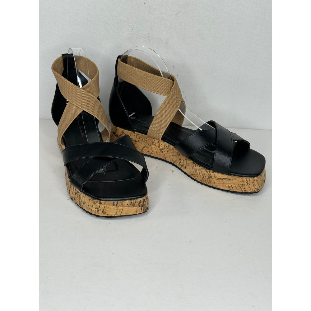 Gloria Vanderbilt Brooks Black Tan Elastic Strap Cork Platform Sandals Boho 10